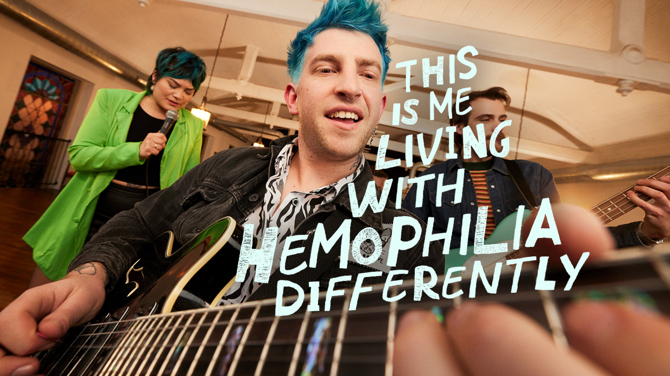 Tim, an actual BEQVEZTM (fidanacogene elaparvovec- dzkt) patient, playing the guitar with the words "this is me living with hemophilia differently".