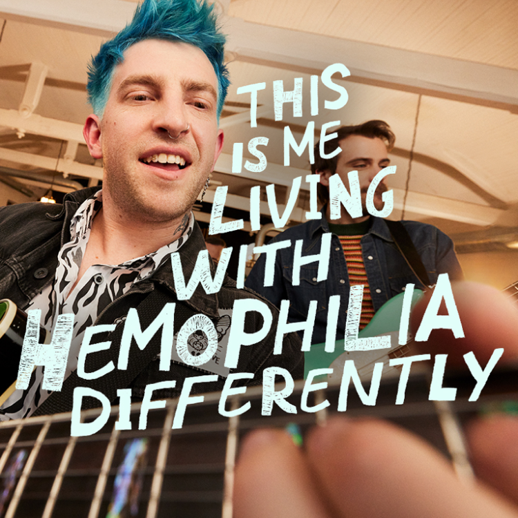 Tim, an actual BEQVEZTM (fidanacogene elaparvovec- dzkt) patient, playing the guitar with the words "this is me living with hemophilia differently".